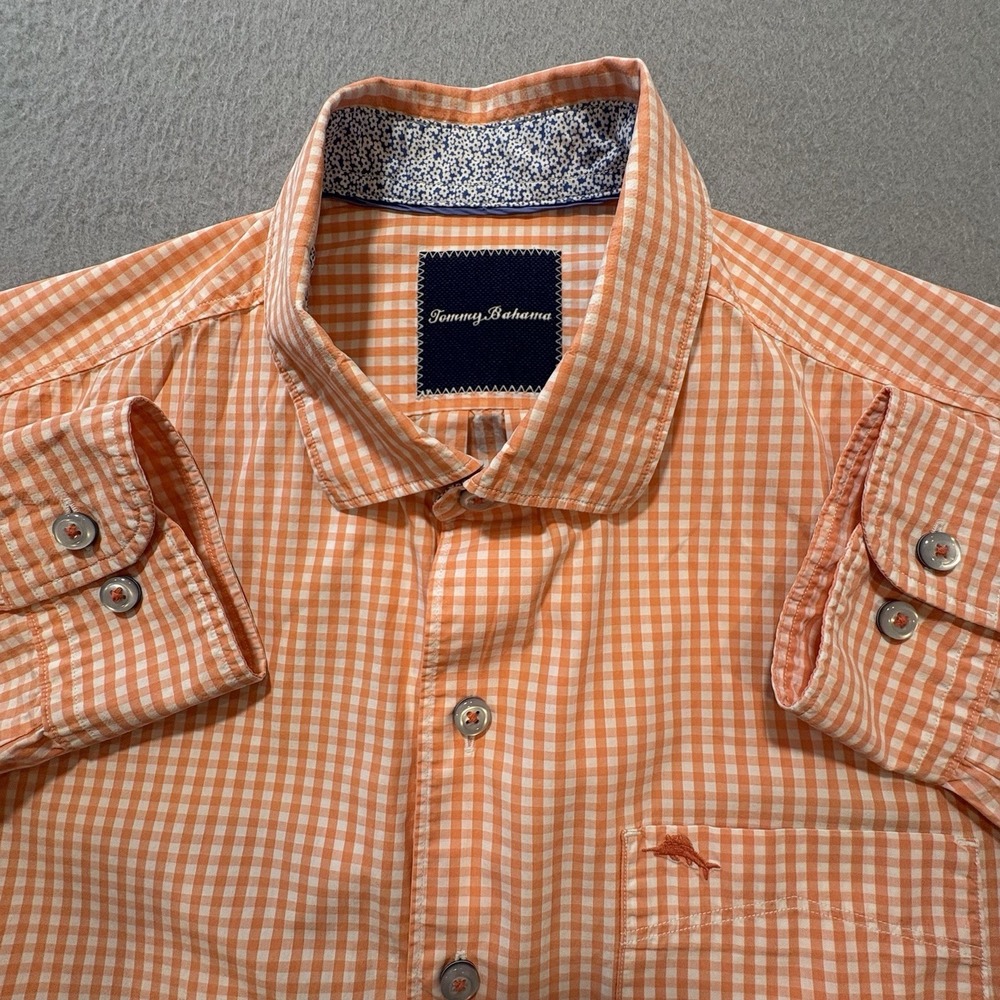 Tommy Bahama Mens Med Orange White Gingham Check Long Sleeve Button Front Shirt